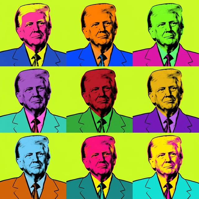 Fine art painting pop art Warhol style portrait of Donald Trump in multiple vibrant color variations.