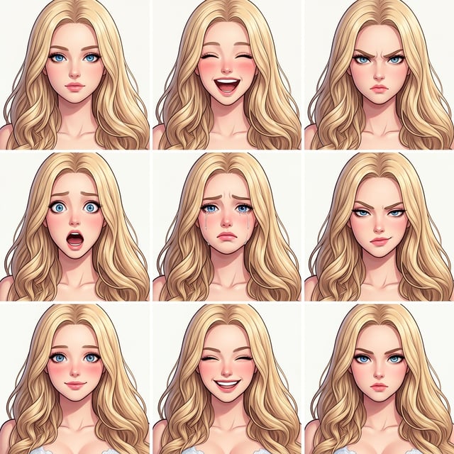 Cartoon style korean manhwa cartoon grid of a blonde woman displaying various emotions from joy to anger.