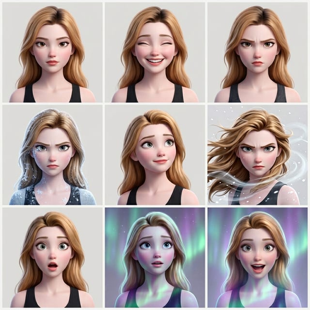 Pixar 3d cartoon girl style portrait of a blonde nordic girl showing various emotions with a northern lights background.