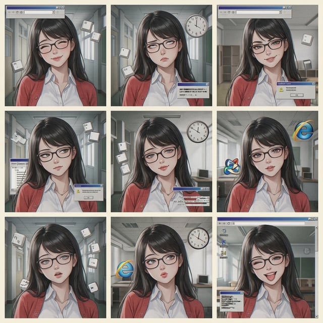 Photo to glossy 3d cartoon expression grid of a woman with weirdcore surreal internet browser elements and keyboard keys.