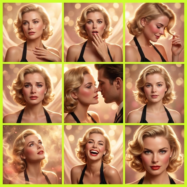 Book cover illustration romance novel cover featuring a glamorous blonde woman with various emotional expressions.