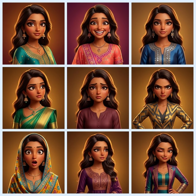 Pixar 3D cartoon portraits of a South Asian girl showcasing various emotions and traditional outfits against a warm background. pixar 3d cartoon girl