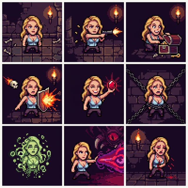Game asset stylizer roguelike pixel dungeon sprites of a woman in various combat and capture scenarios within a dark castle.
