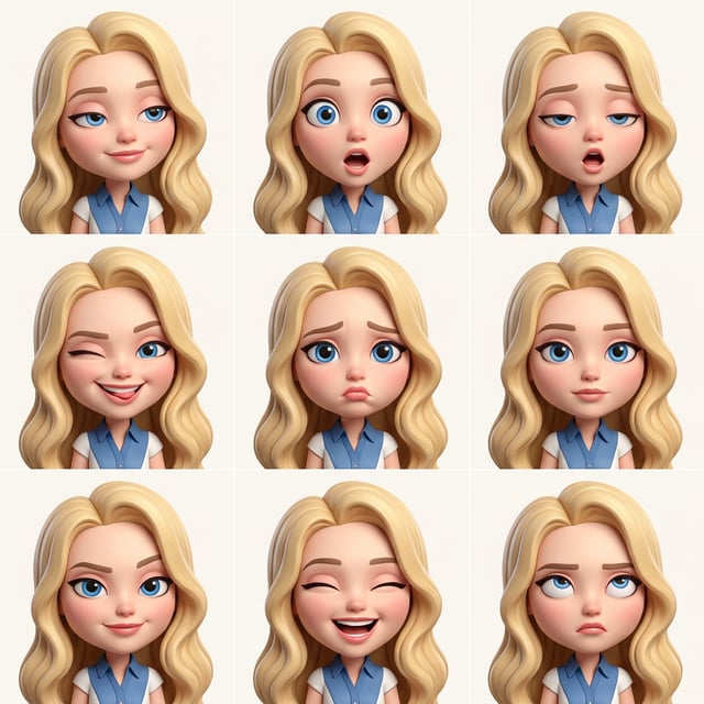 Photo to glossy 3D cartoon expression grid of a big head tiny body hero with blonde wavy hair showing nine different emotions.