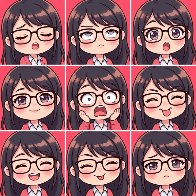 AI cartoon yourself chibi style showcases a girl with glasses expressing various emotions like surprise, happiness, and sadness.