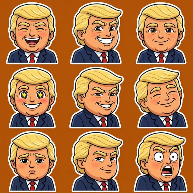 Photo to glossy 3D cartoon expression grid sticker of Donald Trump in various exaggerated emotions.