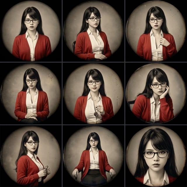 Retro vintage photo daguerreotype victorian portraits of a young woman with glasses and a red cardigan.