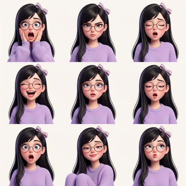 Photo to glossy 3d cartoon expression grid of a Pixar fashion character displaying various emotions with black hair and purple sweater.