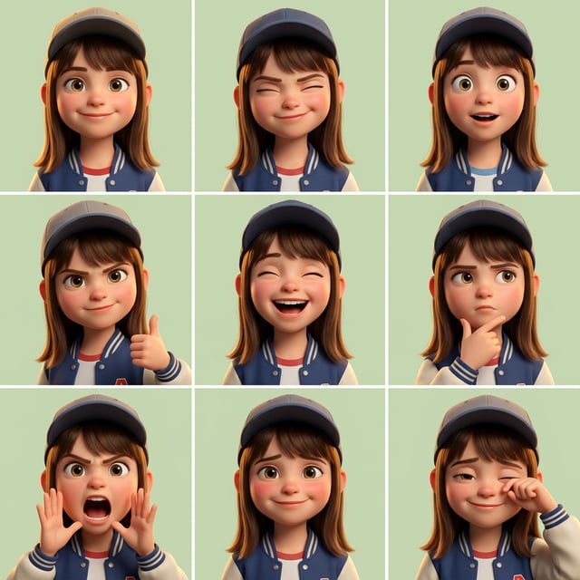 Pixar 3D cartoon girl in American all-star style, showing various expressive emotions and gestures against a light green background. pixar 3d cartoon boy, american all star boy