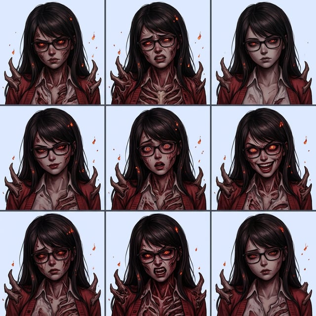 Game character art in diablo dark fantasy style of a woman with glowing red eyes and demonic features showing various expressions.