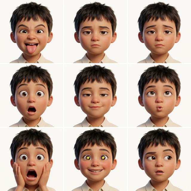 Pixar style ai avatar generator showcases a boy's face with nine different expressive emotions and reactions.