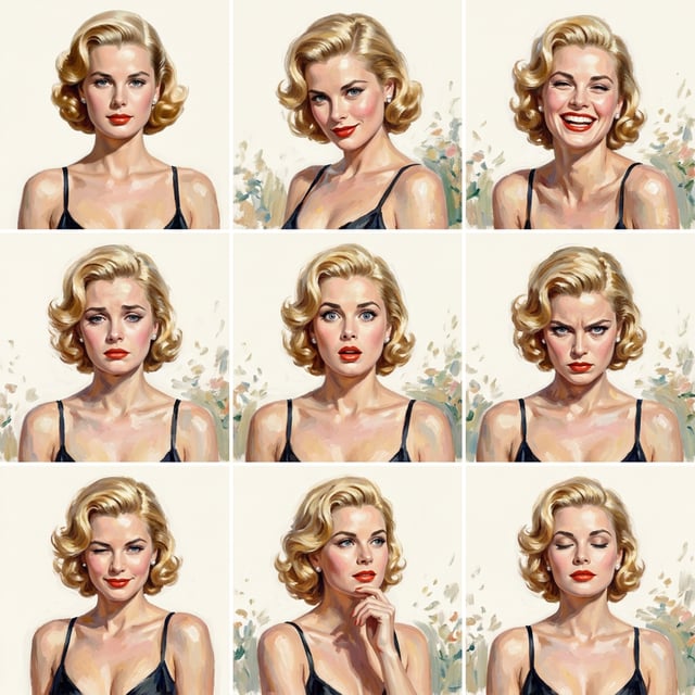 Fine art painting impressionist Monet style portrait of a blonde woman displaying various emotions with soft floral background.