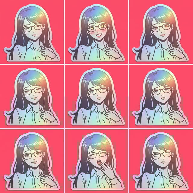 Holographic anime stickers showcase a woman with glasses expressing various emotions, perfect for an AI sticker maker.
