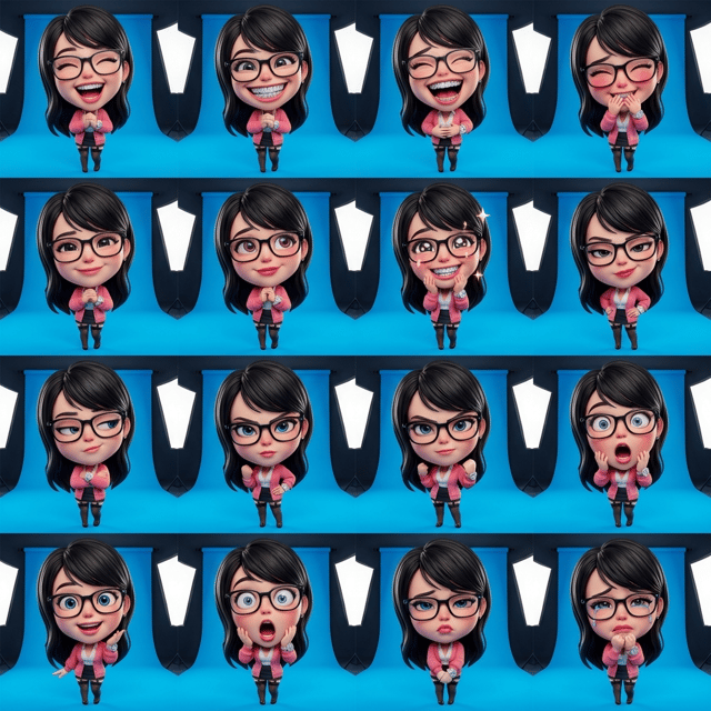 Photo to glossy 3d cartoon expression grid, diamond caricature 3d of a woman showing various emotions.