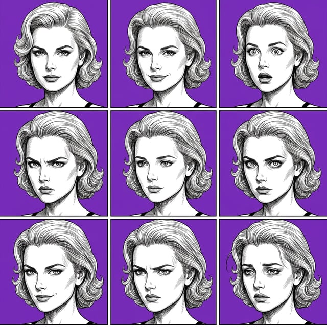 Anime manga illustration in a seinen realistic style of a woman's face showing nine different emotions.