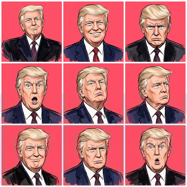 Fashion editorial illustration in vogue editorial sketch style of Donald Trump showing nine different facial expressions.