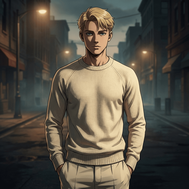 Cinematic lp anime ad featuring a blonde man in a cream sweater standing on a foggy street.