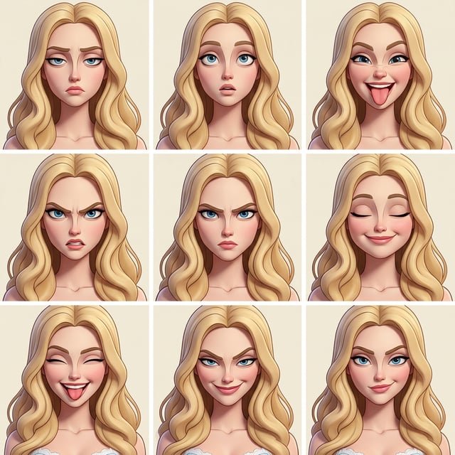 Photo to glossy 3D cartoon expression grid of a blonde woman with an angular chin and long face toon style, showing various emotions. angular chin long face toon