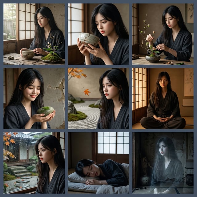 Interior exterior stylizer japanese wabi sabi portraits of a woman in traditional settings with natural elements.
