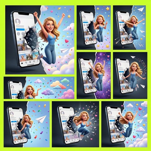 Reality breaking illusion phone screen world breakout of a happy woman jumping out with confetti and paper airplanes.