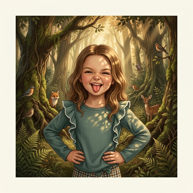 Photo to glossy 3d cartoon expression grid of a playful girl in a forest with earthly wonders like foxes and deer.