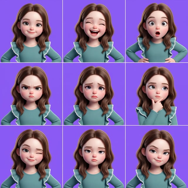 Pixar 3D cartoon girl style portrait of a Korean girl showing various expressive emotions against a purple background.