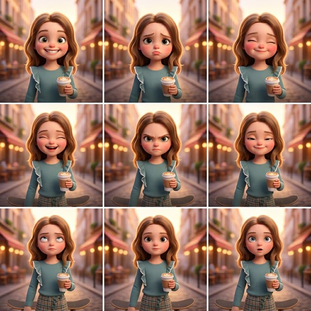 Photo to glossy 3d cartoon expression grid of a girl with coffee in a pixar lifestyle scene showing various emotions.