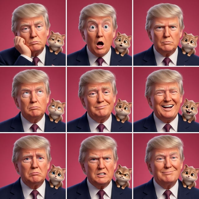 Photo to glossy 3d cartoon expression grid of Donald Trump and a Pixar companion cat showing various emotions. pixar companion portrait