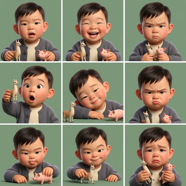 Pixar 3D cartoon boy, Russian boy, shows various cute expressions while holding llama and pig toys.