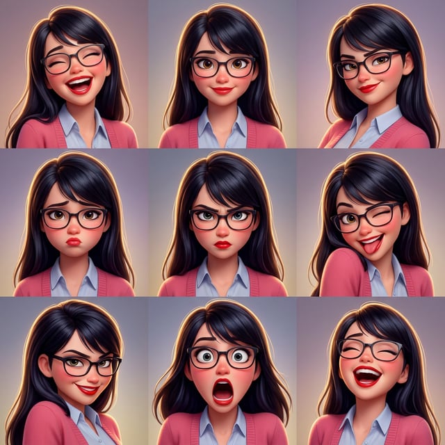 Photo to glossy 3D cartoon expression grid in Disney style featuring a woman with glasses showing various emotions.