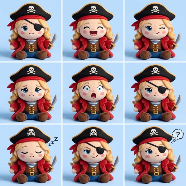 Toy figurine transformation pirate plushie with various cute and expressive emotions against a light blue background.