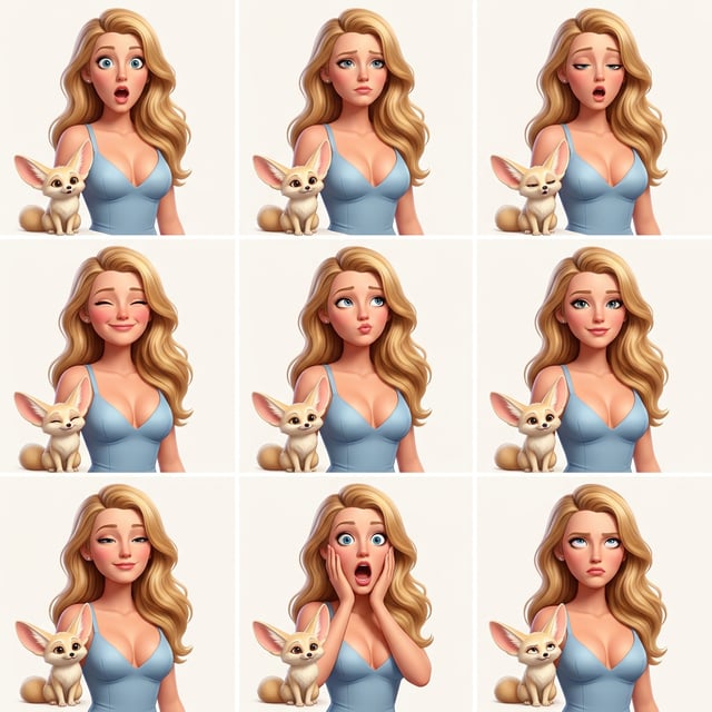 Photo to glossy 3d cartoon expression grid of a Pixar style fullbody pet fennec fox with a blonde woman. pixar fullbody pet