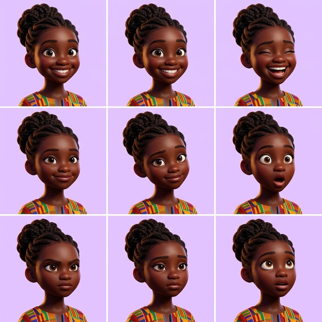 Pixar 3D cartoon of an African girl with braided hair and colorful clothing showing various expressive emotions. pixar 3d cartoon girl