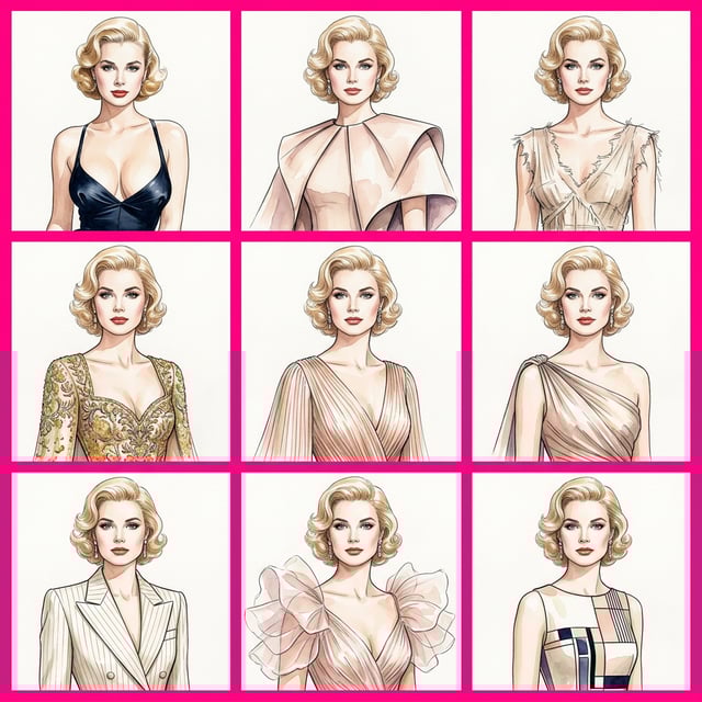 Fashion editorial illustration in haute couture watercolor style of Grace Kelly showcasing elegant gowns and suits.
