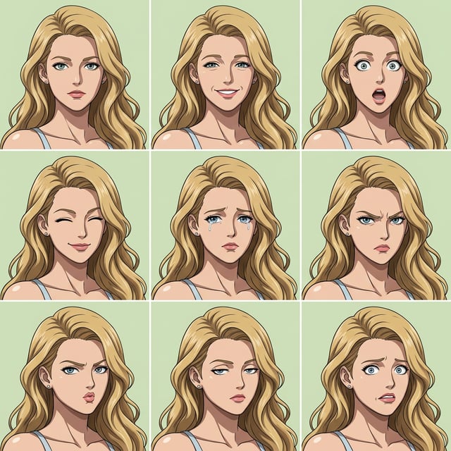 Anime manga illustration key visual of a blonde woman displaying various emotions with expressive facial features and wavy hair. anime key visual