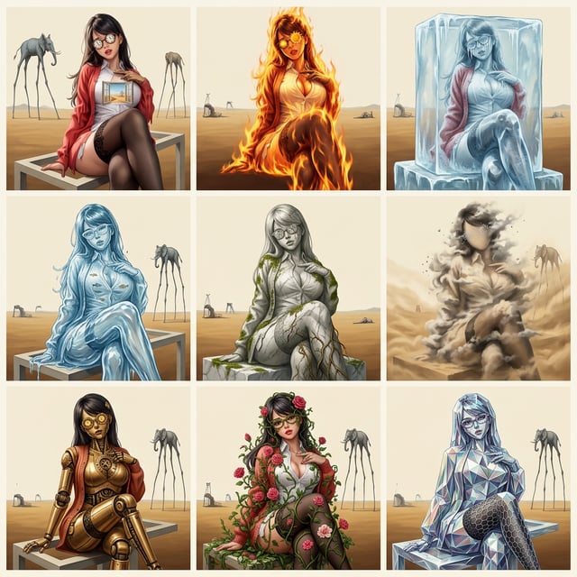 AI art movement surrealist Dali style portraits of women embodying elements like fire, ice, and earth in dreamlike desert landscapes.