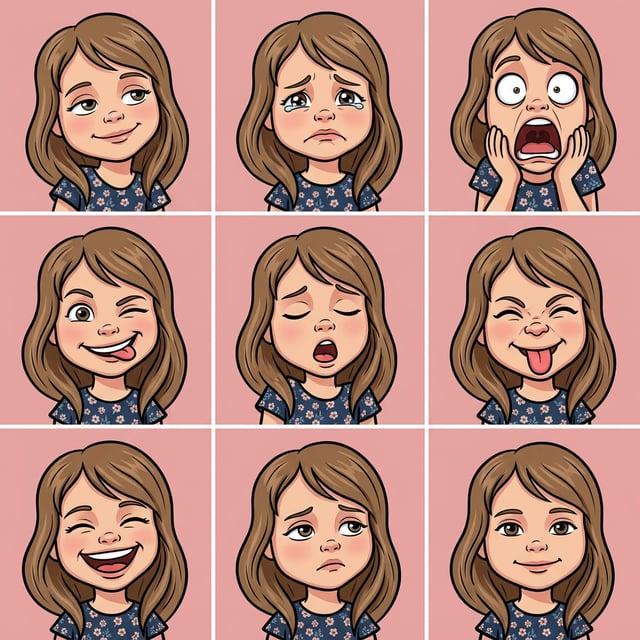 Photo to glossy 3d cartoon expression grid meme of a girl showing nine different emotions in a grid layout.