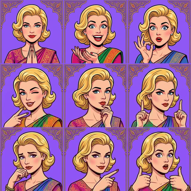 Cartoon style Indian cartoon portraits of a blonde woman in various expressive poses and colorful saris.