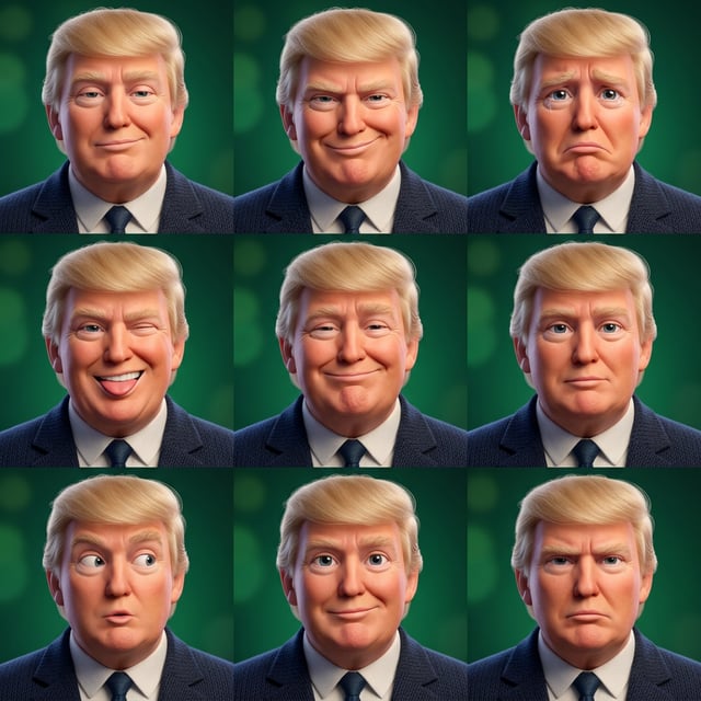 Photo to glossy 3d cartoon expression grid of Donald Trump showing various emotions in a cozy portrait style. cozy portrait 3d