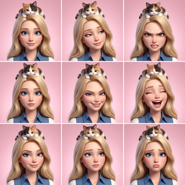 Photo to glossy 3D cartoon expression grid of a Pixar cat head portrait showing various emotions on a blonde woman.