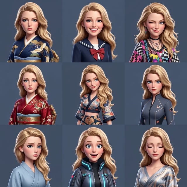 Pixar 3D cartoon girl portraits of a Japanese girl in various traditional and modern outfits, showcasing different expressions.
