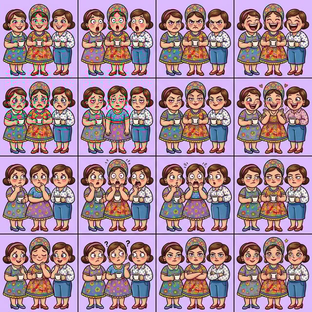 Custom CM Engelbreit folk cartoon illustrations of three women expressing various emotions while holding cups of coffee.