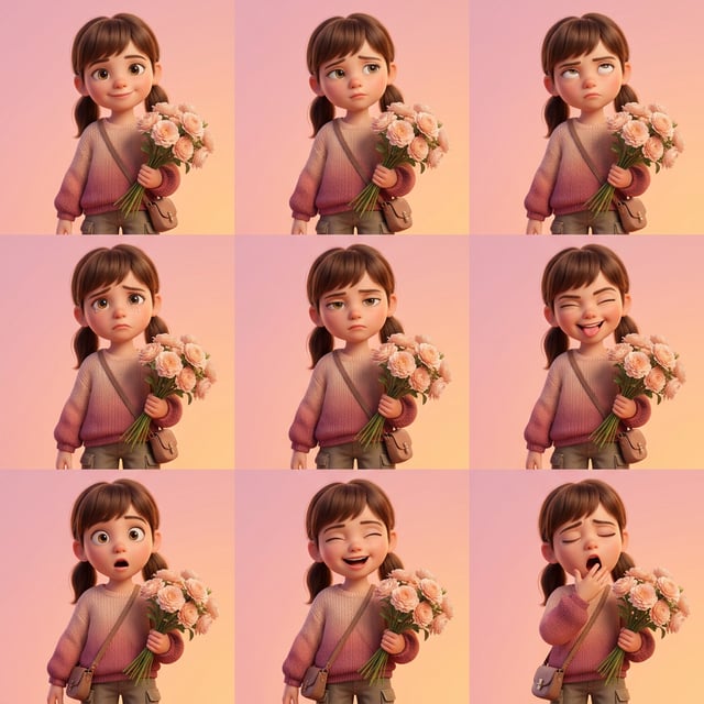Photo to glossy 3d cartoon expression grid of a girl with flowers, showing various Pixar-style emotions and full-body props. pixar fullbody props