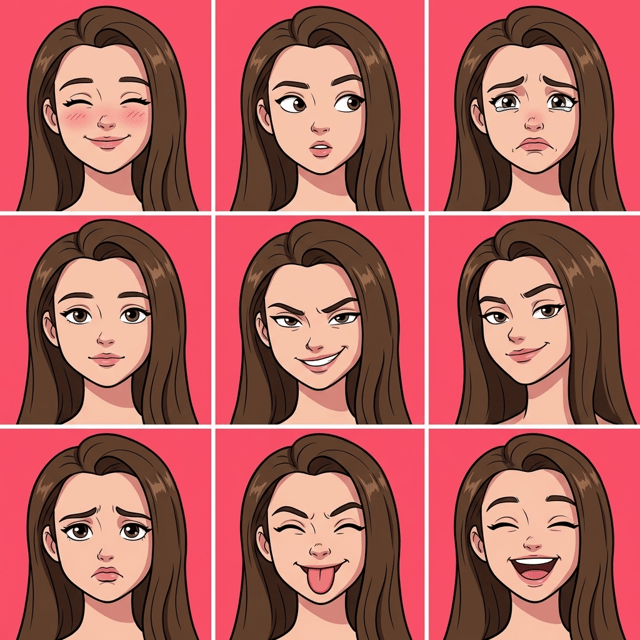 AI cartoon yourself in classic cartoon style showcasing a woman's diverse range of emotions and expressions.