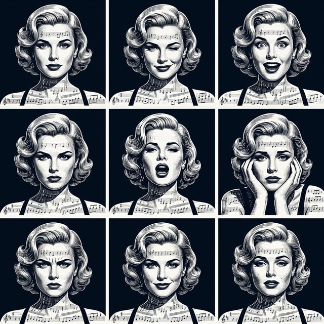 Typographic art musical score portrait of a vintage woman with varied expressions and musical notes integrated into her design.