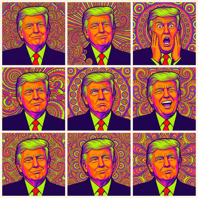 Photo to glossy 3d cartoon expression grid in psychedelic kaleidoscope style, showing Donald Trump in nine different expressive portraits.