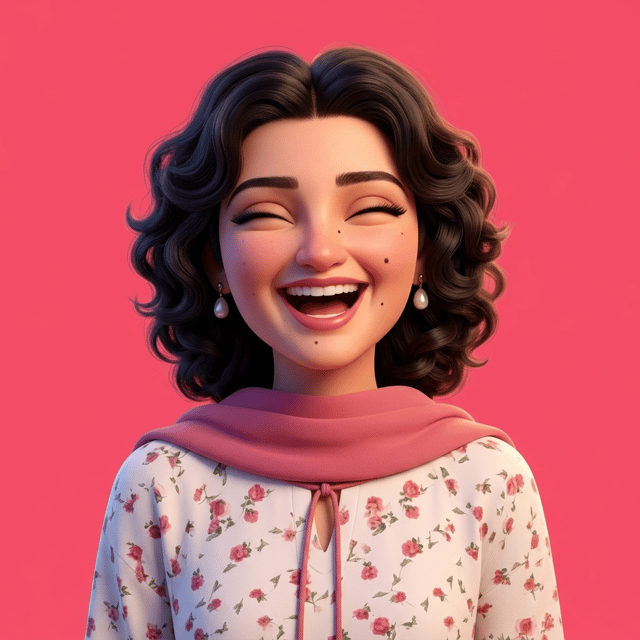 Pixar style ai avatar generator of a woman with dark curly hair laughing joyfully against a pink background.