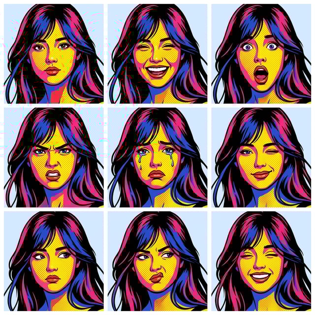 Pop art cartoon style portraits of a woman displaying nine different emotions with bold colors and dot patterns. art styles cartoon