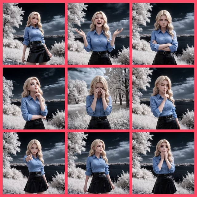 Landscape scene stylizer infrared photography of a blonde woman in various poses against a surreal, white-foliage background.
