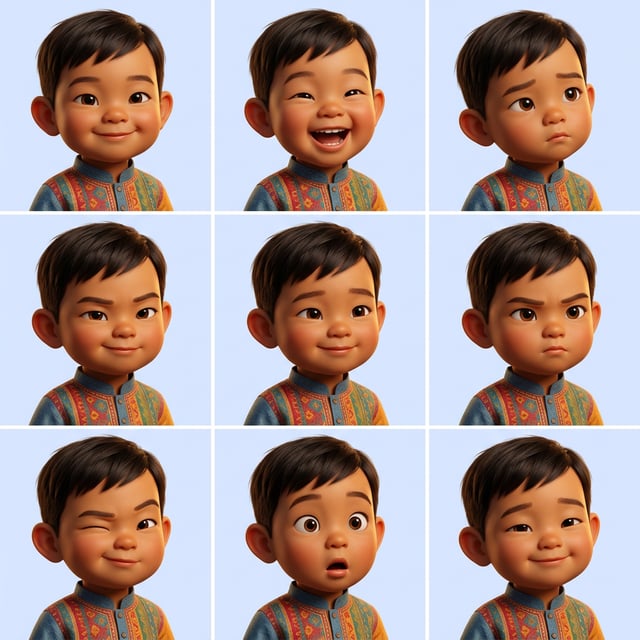 Pixar 3D cartoon boy South Asian boy with various expressive facial emotions, wearing a colorful traditional outfit.
